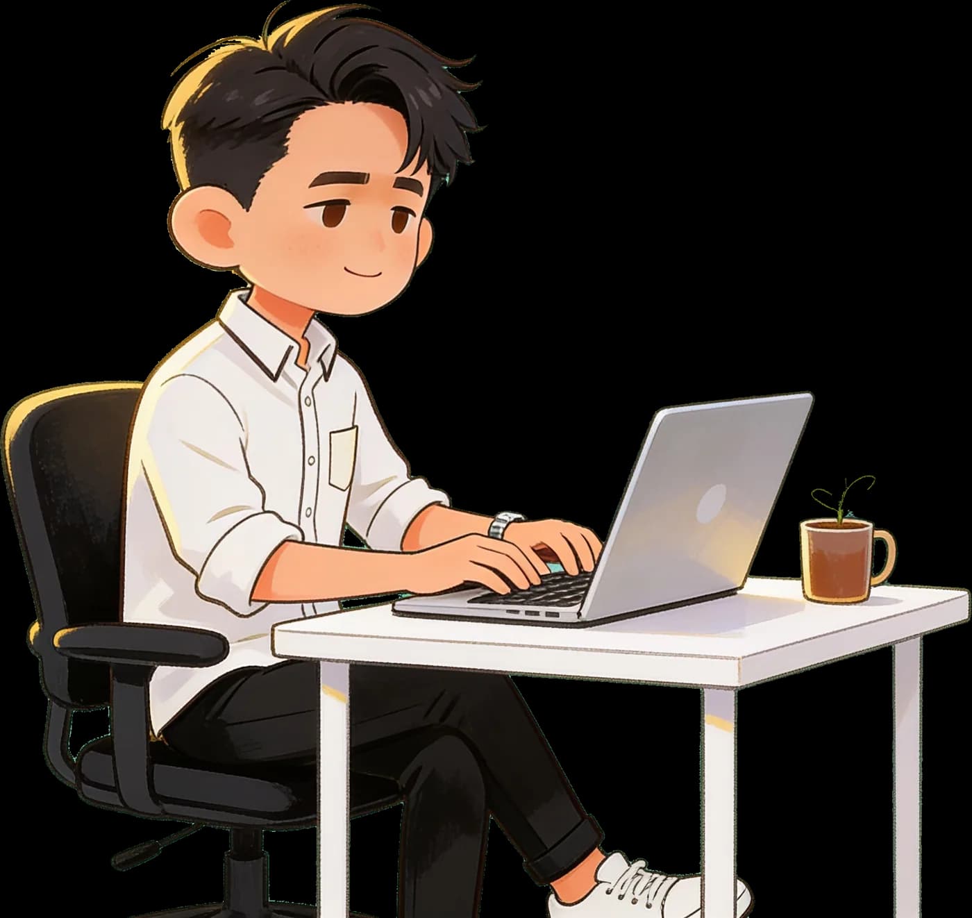 Illustration of Nhật typing on a laptop at his desk