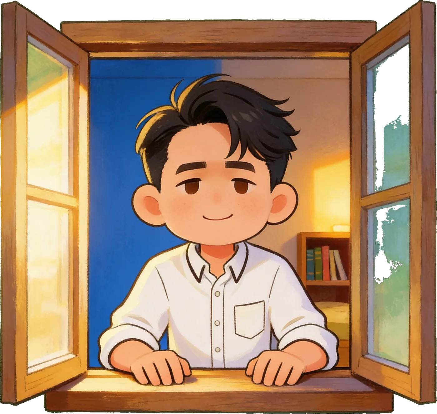Illustration of Nhật leaning on an open wooden window